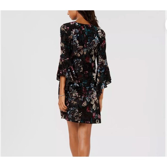 NINE WEST Sz 6 Burnout Velvet Floral‎ Print Dress Black Mini - Picture 3 of 13